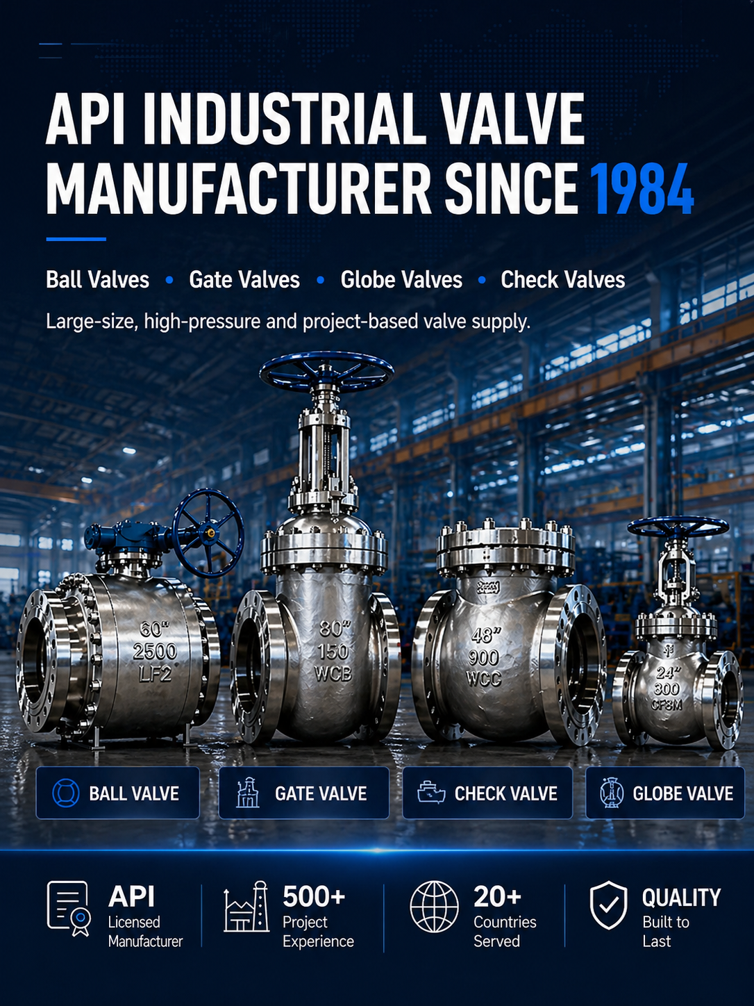 JEV API industrial valve manufacturer mobile hero banner with ball valve, gate valve, check valve and globe valve