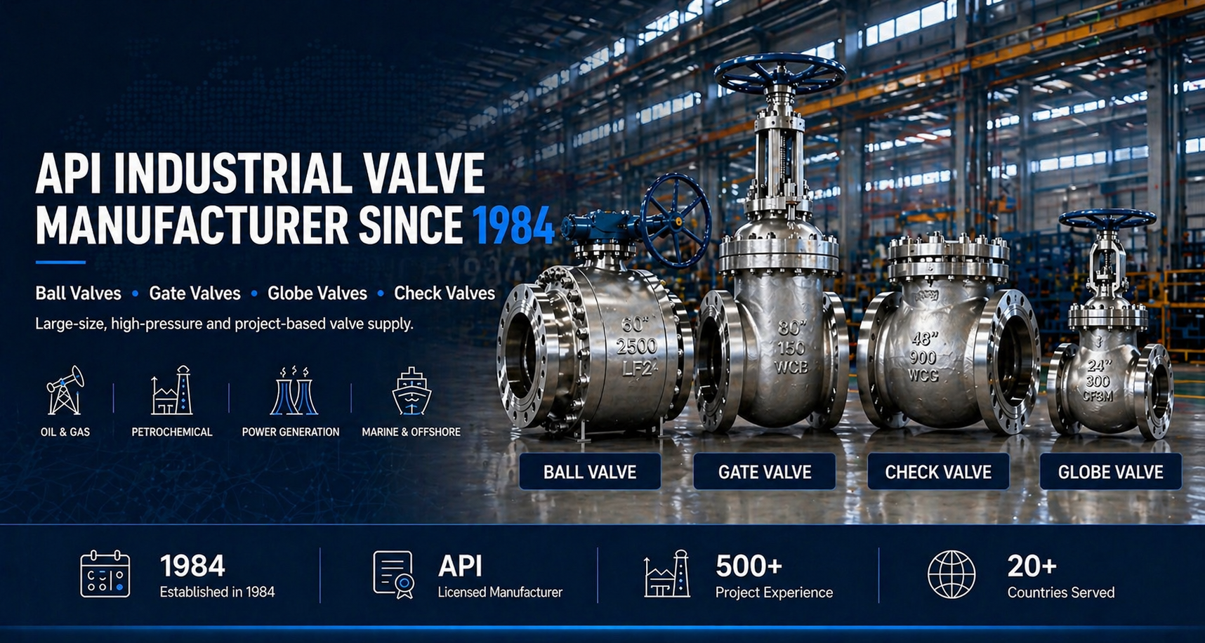 JEV API industrial valve manufacturer hero banner with ball valve, gate valve, check valve and globe valve